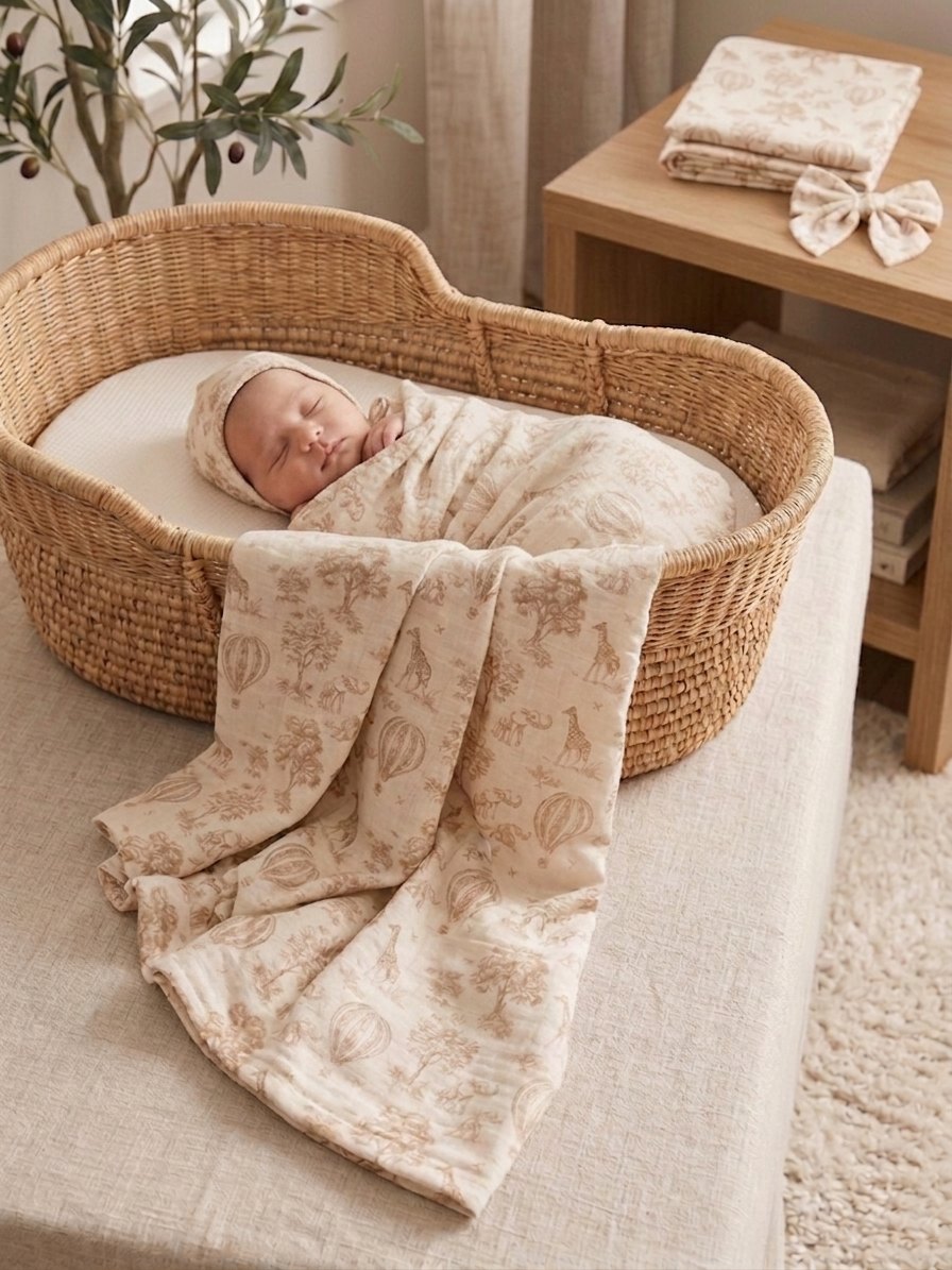 A newborn asleep in a woven basket, wrapped in a soft printed swaddle